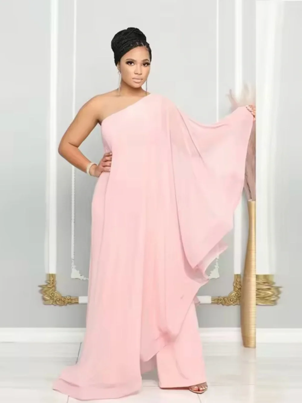 NWT One-Shoulder Pink Jumpsuit - Elegant Draped Evening Jumpsuit - Picture 1 of 3